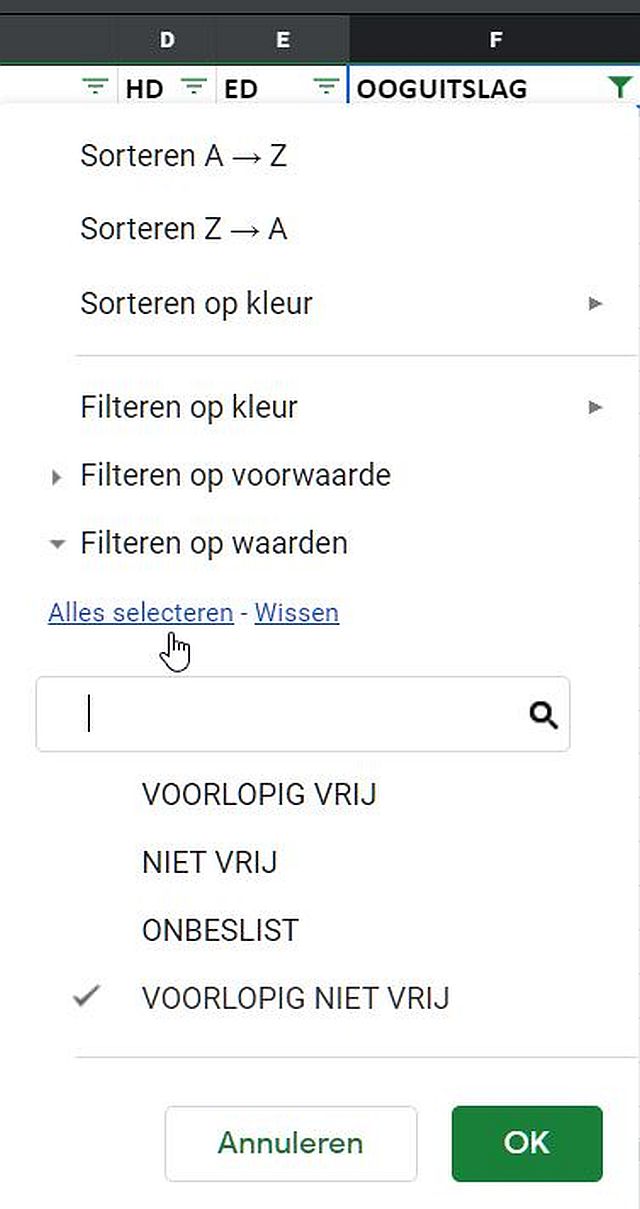 Klik op Alles selecteren en vervolgens op OK om alles weer zichtbaar te maken