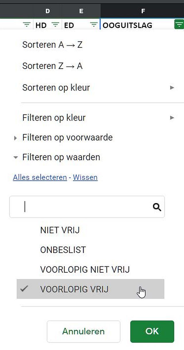 Selecteer bijv. Voorlopig vrij of gebruik de zoekbalk en klik op OK